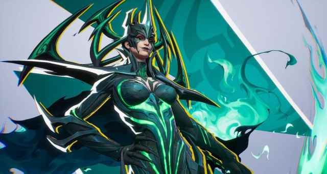 Hela in Marvel Rivals with her hand on her hip, wearing spiky green armor and helm.