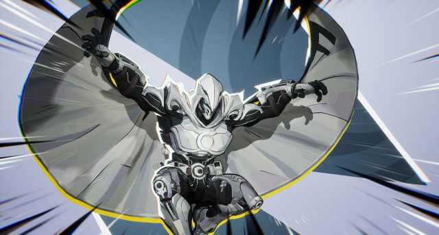 Moon Knight in Marvel Rivals leaps with his arms raised, his cape the shape of a crescent moon behind him.