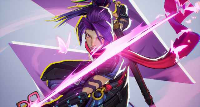 Psylocke in Marvel Rivals with a purple slash from a sword in front of her as her red scarf trails behind her.