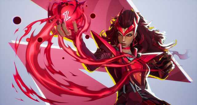 Scarlet Witch in Marvel Rivals conjures a red magical orb with a symbol on it.