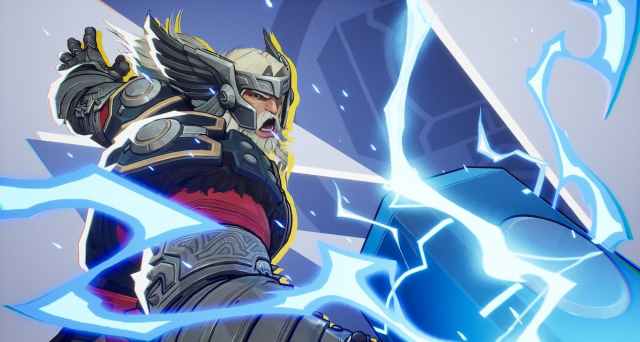 Thor in Marvel Rivals swings his hammer with lightning around it