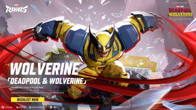 Wolverine in Marvel Rivals leaps forward with his claws slashing red marks in the air.