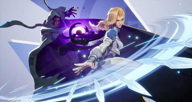 Cloak and Dagger in Marvel Rivals, a man in a cloak conjuring a purple orb behind a woman throwing a barrage of daggers.