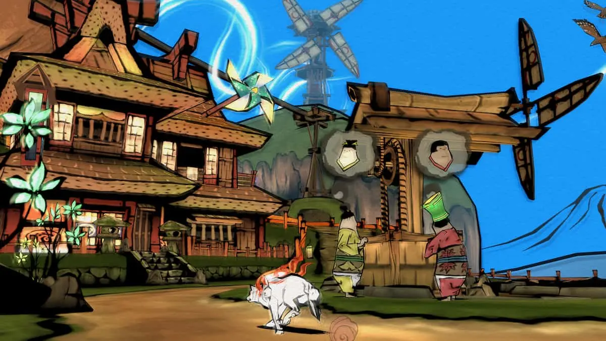 A fox spirit run through a town with a windmill on a hill in the background, all in a hand-drawn style.