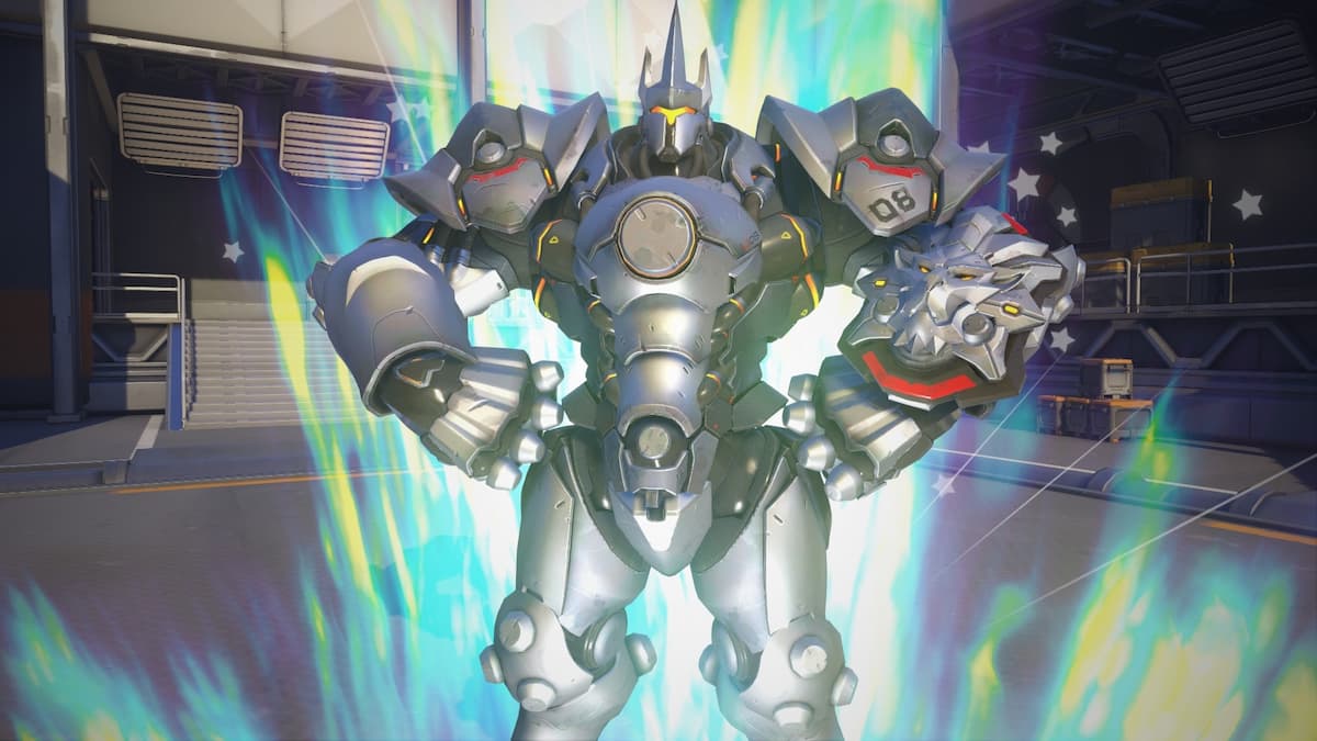 Reinhardt in OW2 posing in his OW1 skin