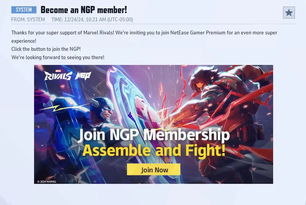 Marvel Rivals NGP sign-up message in-game