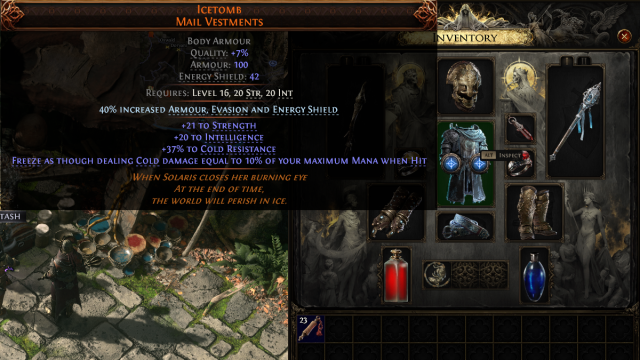 A Path of Exile 2 item description appearing as a textbox describing an item called the Icetomb, which grants extra strength, armor, energy shield, intelligence, and cold resistance.