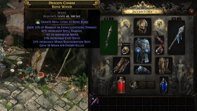 An item description in Path of Exile 2 appearing as a textbox, saying it grants a Level 12 spell called Bone blast, as well as listing numerous other buffs and powers the item grants to the player, such as extra damage and maximum mana.