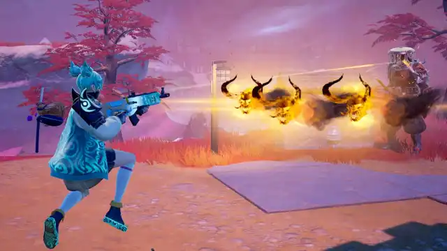 Jade shooting at Shogun X while flaming fire is heading towards her in Fortnite.