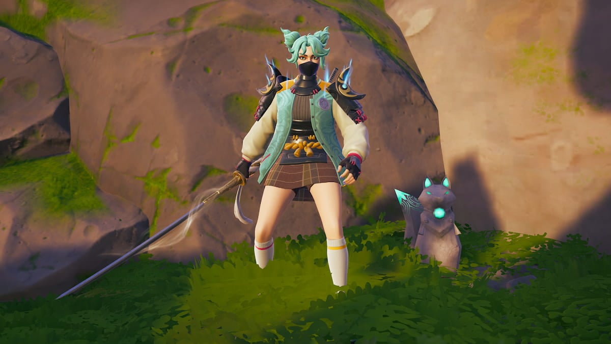 Jade standing by a fox Spirit Charm in Fortnite.