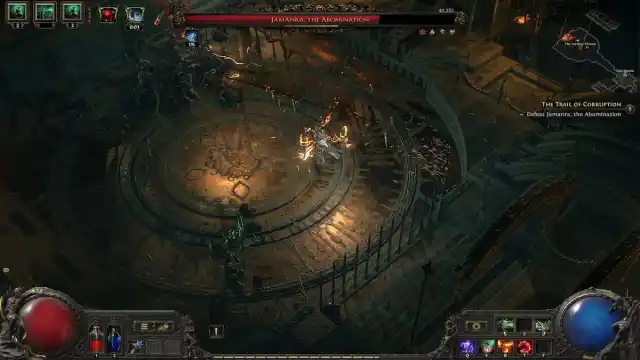 A necromancer commanding her skeletal warriors to attack a tall, robed man and throwing bone splinters at him in Path of Exile 2.