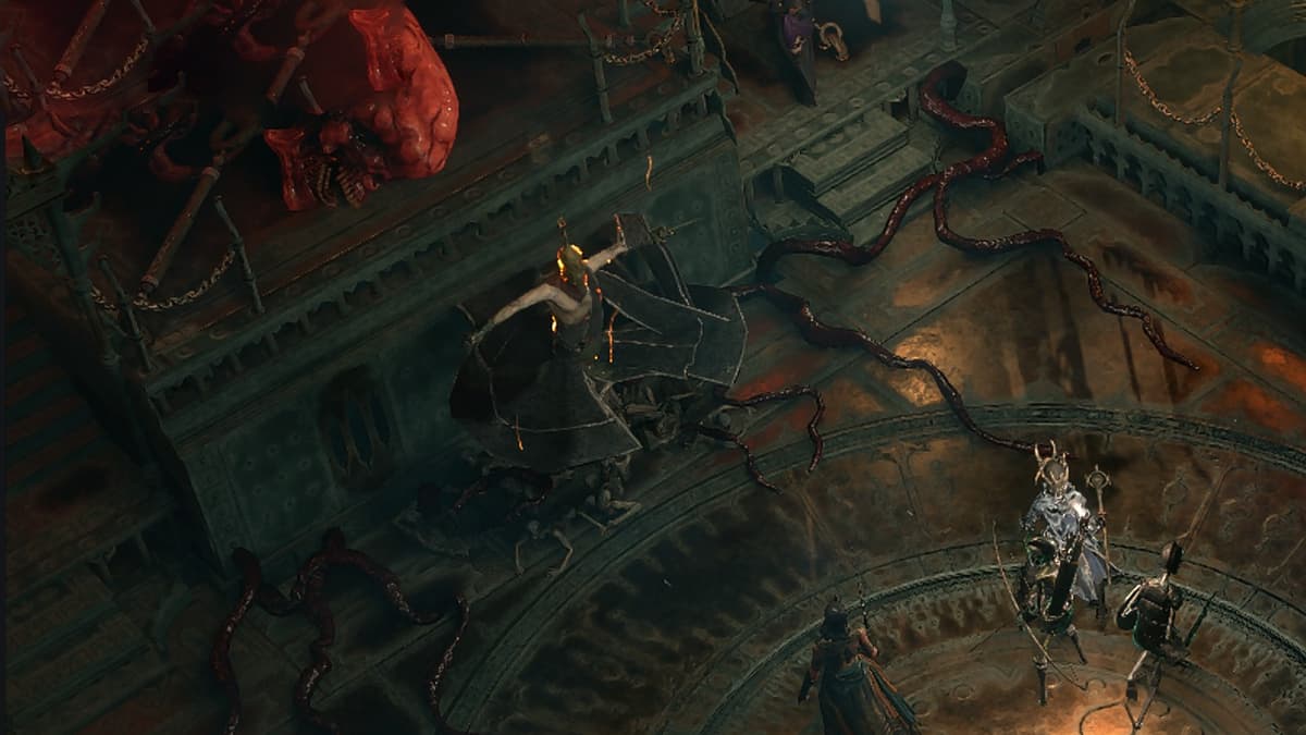 A man leviatating down from a throne with his hands outstreched while a strange bloody beast lies behind him and a necromancer stands in front with her skeletal warriors in Path of Exile 2.