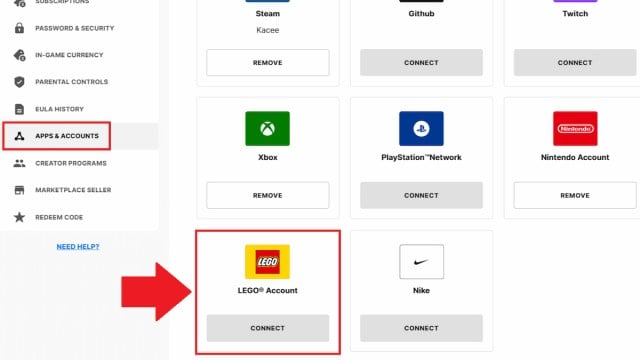 The LEGO account connection option marked for Fortnite.