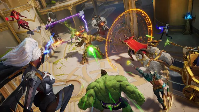 A bunch of heroes going toe-to-toe on the fields of Asgard. One is holding up a force shield, some are throwing bolts and glowing orbs, others still are shooting at each other in Marvel Rivals.