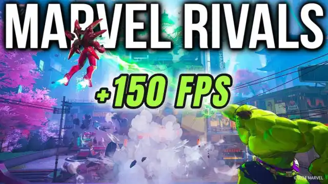 A buff green man named the Hulk aiming his fist at an armored flying robot. Total mayhem is around them and smoke and debris are flying everywhere and a massive text stands on the image saying: "Marvel Rivals +150 FPS."