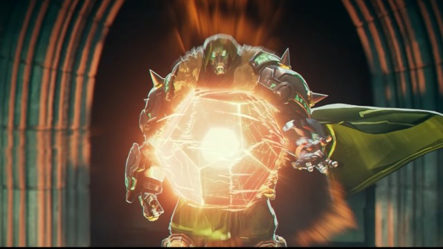 Doctor Doom manipulating orange crystal to change time stream