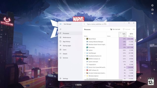 Task Manager showing Marvel Rivals CPU and RAM usage.