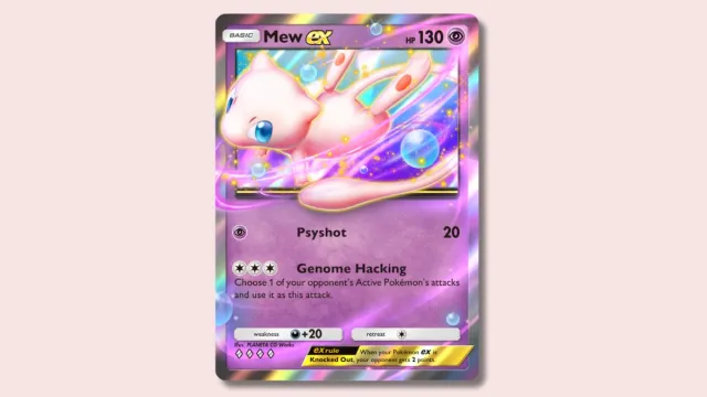 Mew ex Pokémon TCG Pocket card on pink background.