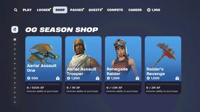 The OG Season Shop in Fortnite with the Aerial Assault Glider, Aerial Assault Trooper, Renegade Raider, and Raider's Revenge.