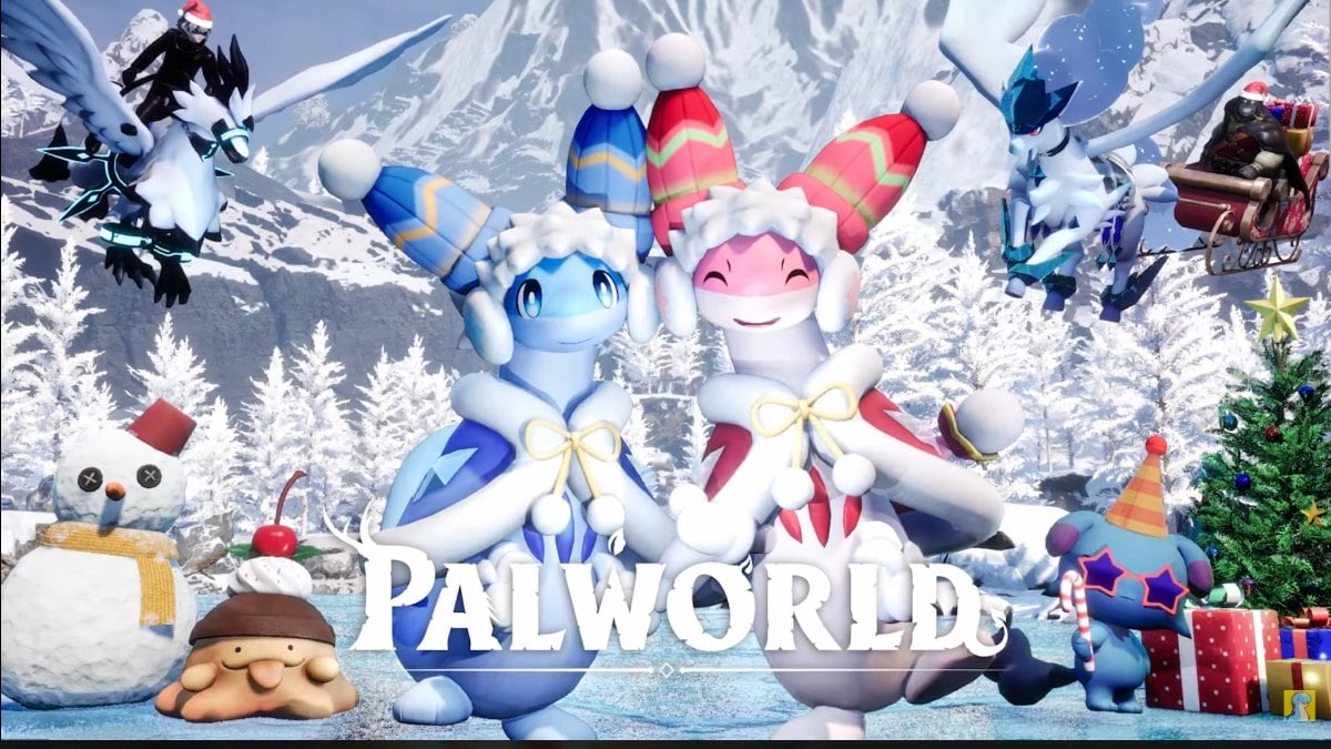 Palworld all Christmas skins with chillets standing in front and Palworld logo at the bottom