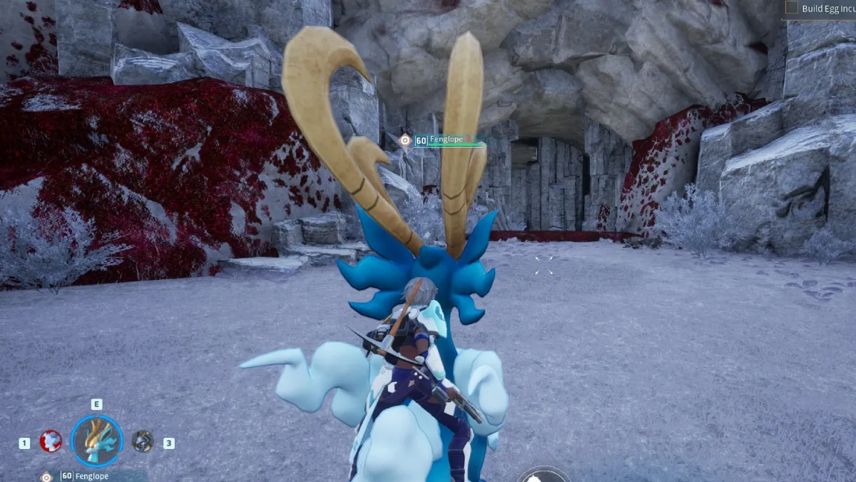 Palworld character riding Fengalope standing in front of cave entrance