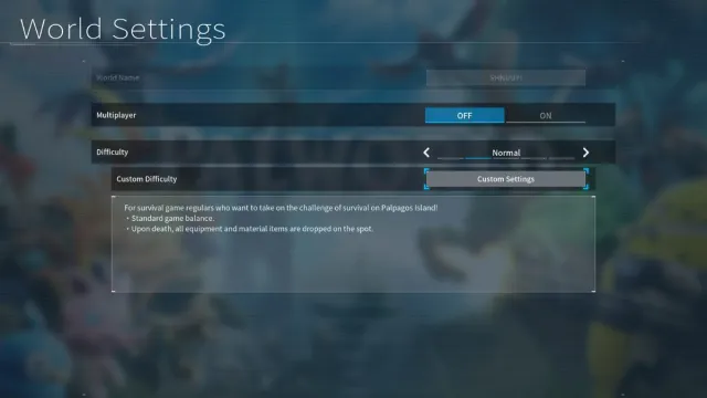 Palworld settings menu difficulty slider and custom settings