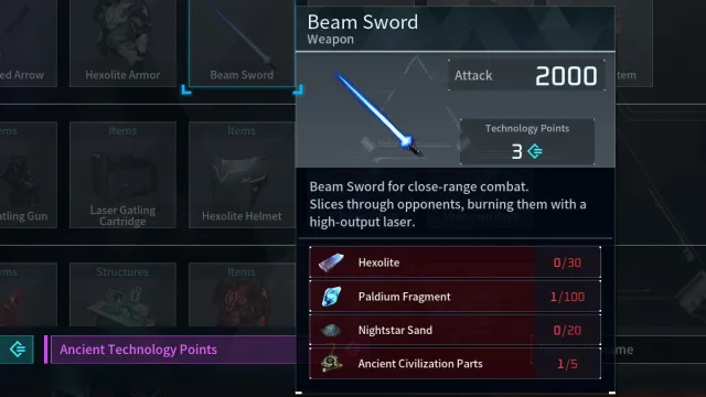 Palworld craft the Beam Sword using Nightstar Sand