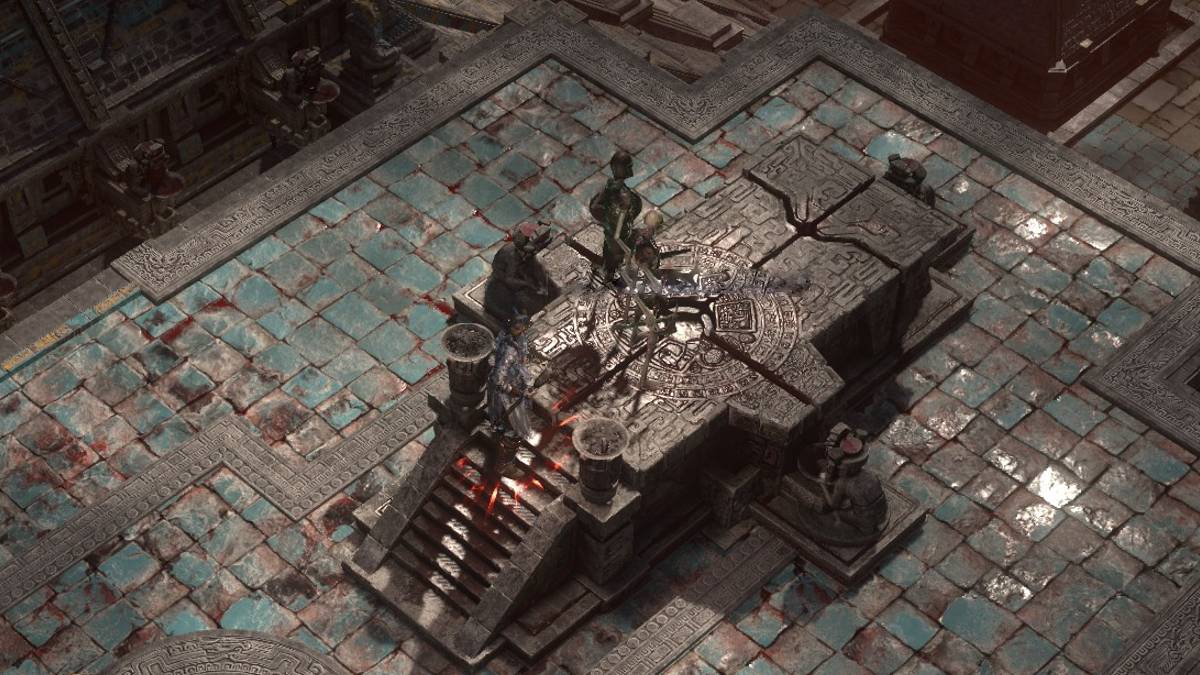 A witch and her skeletal warriors stand upon an altar filled with blood which itself is located within a stone construction inspired by Aztec architecture in Path of Exile 2.