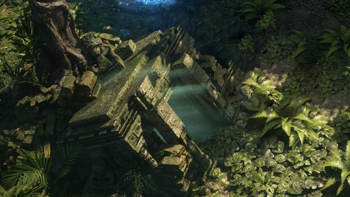 The entrance to a strange temple with blue light emanating from within it. It is inspired by Aztec-architecture and made of stone and overgrown with moss and foliage as it is located in a jungle in Path of Exile 2.