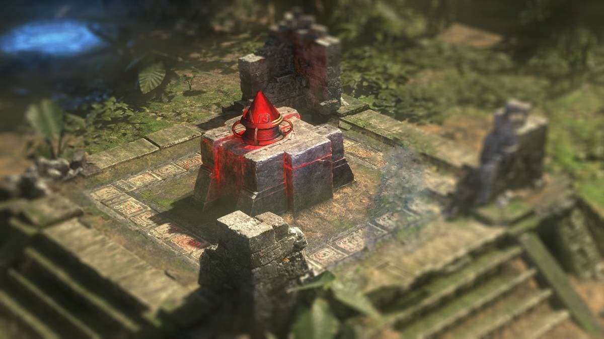 A strange altar with a massive red crystal embedded in its center amid a ruin inspired by Aztec architecture overgrown by moss in Path of exile 2.