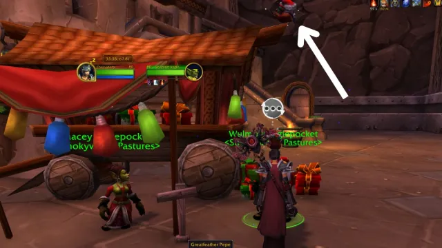 Pepe the bird in World of Warcraft with an arrow pointing to him.