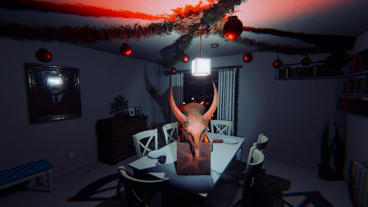 A Krampus Box sitting on a dining room table under some holiday decorations in Phasmophobia.