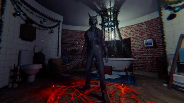 A goat-like Krampus ghost model standing in a glowing red summing circle in a bathroom in Phasmophobia.