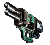 a green and black plasma weapon from Palworld. It has two barrels