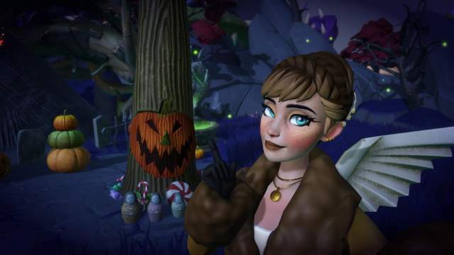 A player wearing a brown coat and paper wings pointing at the Holiday-Tree Portal in Disney Dreamlight Valley.