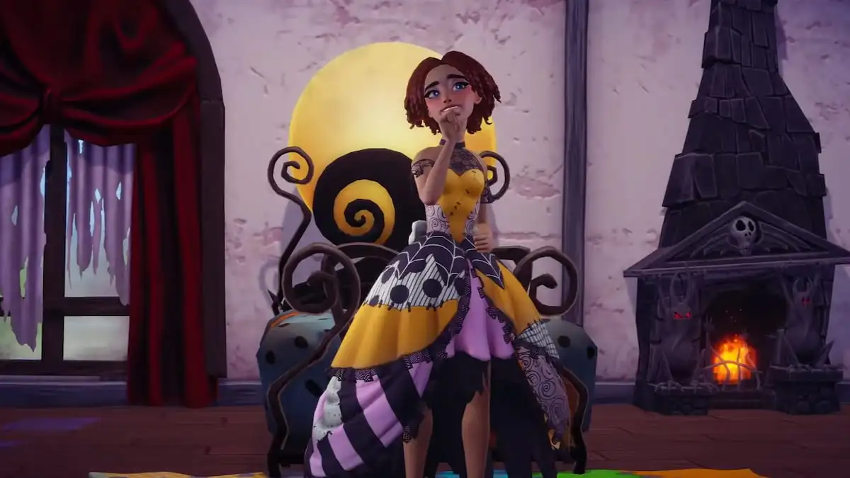 A player holding their chin and smiling while wearing a patchwork Sally dress in Disney Dreamlight Valley.