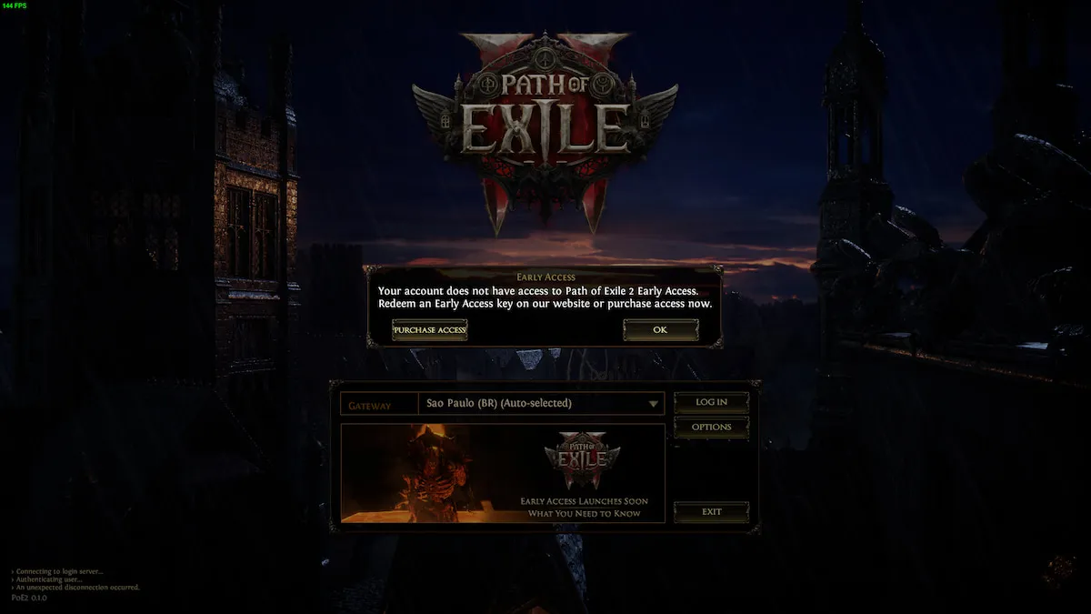 La pantalla de inicio de sesión de Path of Exile 2 con el mensaje que "tu cuenta no tiene acceso al acceso anticipado de Path of Exile 2."