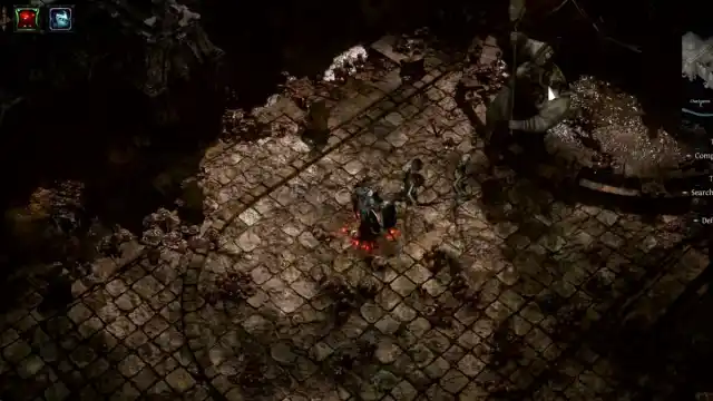 A massive sinewy woman emerging from a putrid pool is in the air, holding a large hammer and aiming it at a witch and her skeletal warriors who are waiting for her to drop to the ground amid trash and filth in Path of Exile 2.