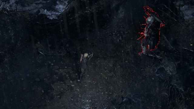 A woman with a shortbow and quiver shooting arrows at a colossal man carrying a large weapon during heavy rainfall in Path of Exile 2.