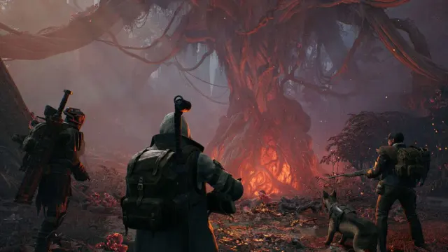 A shot of three different Archetype players and a dog approaching a cosmic horror-style tree