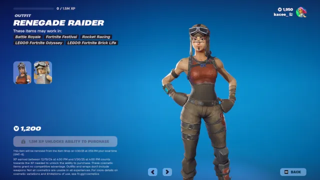 Renegade Raider standing with her hands on her hips in the Fortnite item shop.