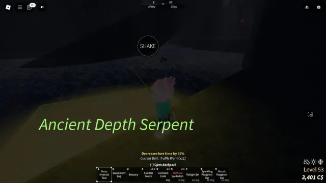 Catching the Ancient Depth Serpent in Roblox Fisch.