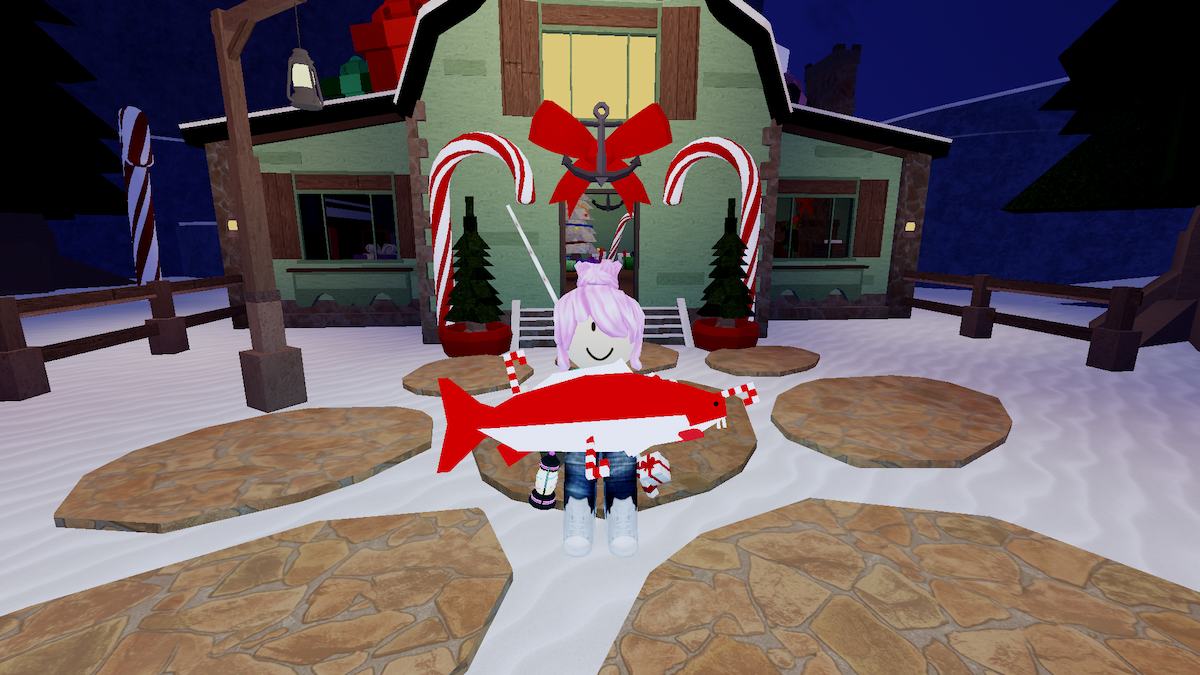 Holding a Candy Cane Carp in front of Santa's Workshop in Winter Village in Roblox Fisch.