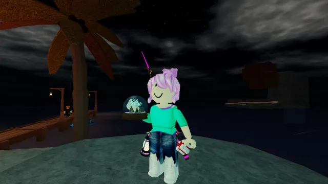 Holding a Magical snow Globe in Roblox Fisch.