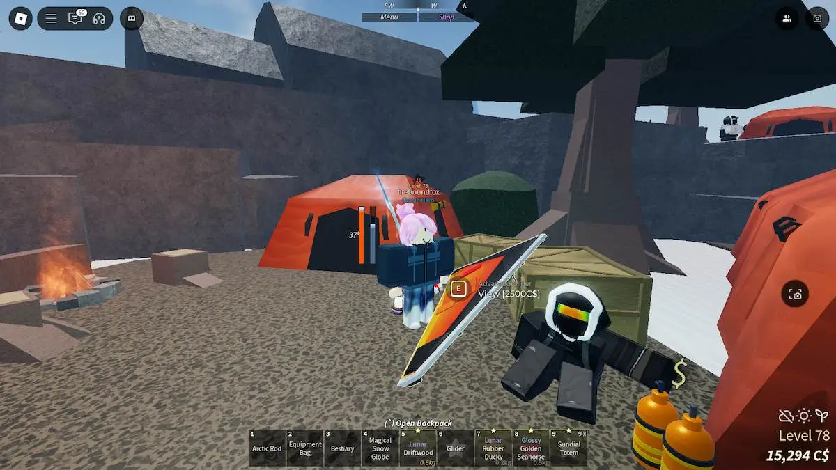 An orange and yellow glider on the ground by a player in Roblox Fisch. 