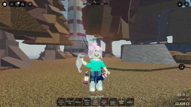 A Glossy mutated Seahorse in Roblox Fisch being held by a player with pink hair while they stand in front of Moosewood's lighthouse.