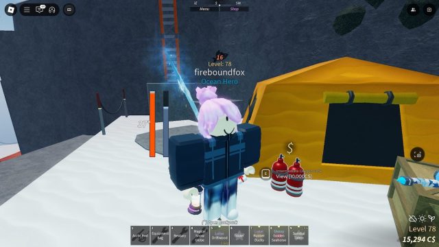 A red oxygen tank next to a player and a tent in Roblox Fisch.