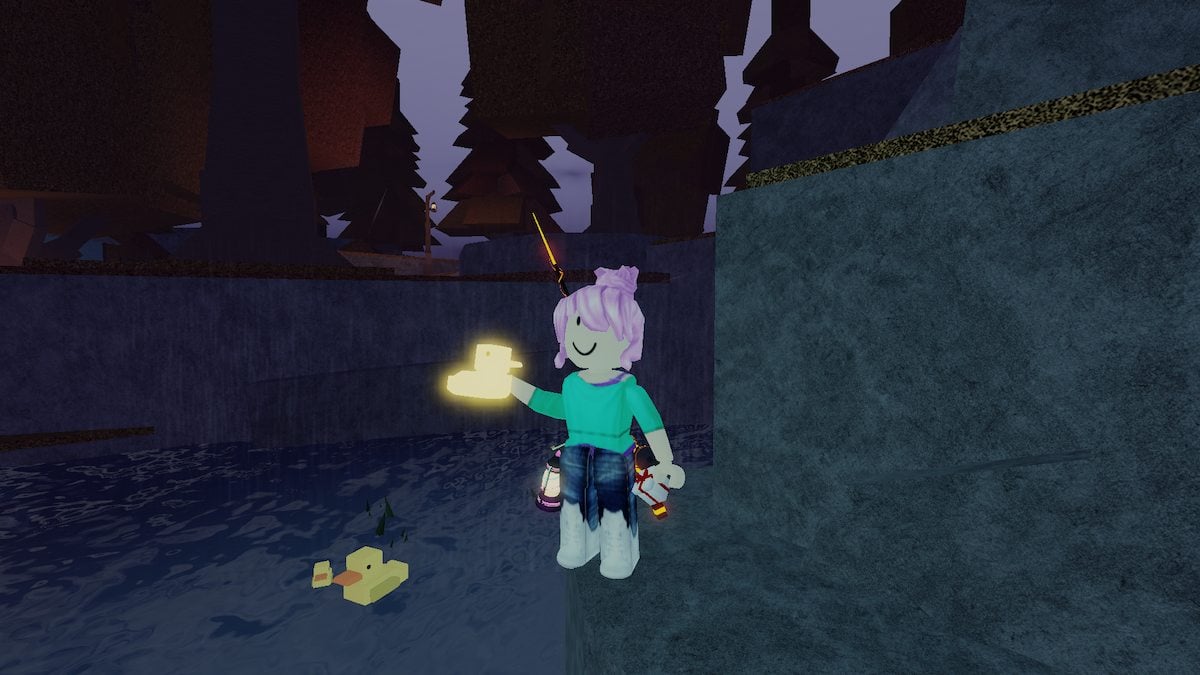 A player holding a Lunar mutated Rubber Ducky next to the duck pond on Moosewood in Roblox Fisch.