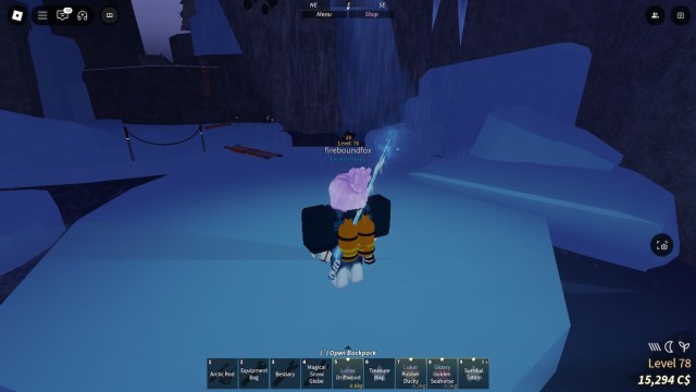 The ice platform path at the base of the Northern Summit in Roblox Fisch.