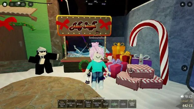 Standing by a stack of Festive Bait Crates in Roblox Fisch.